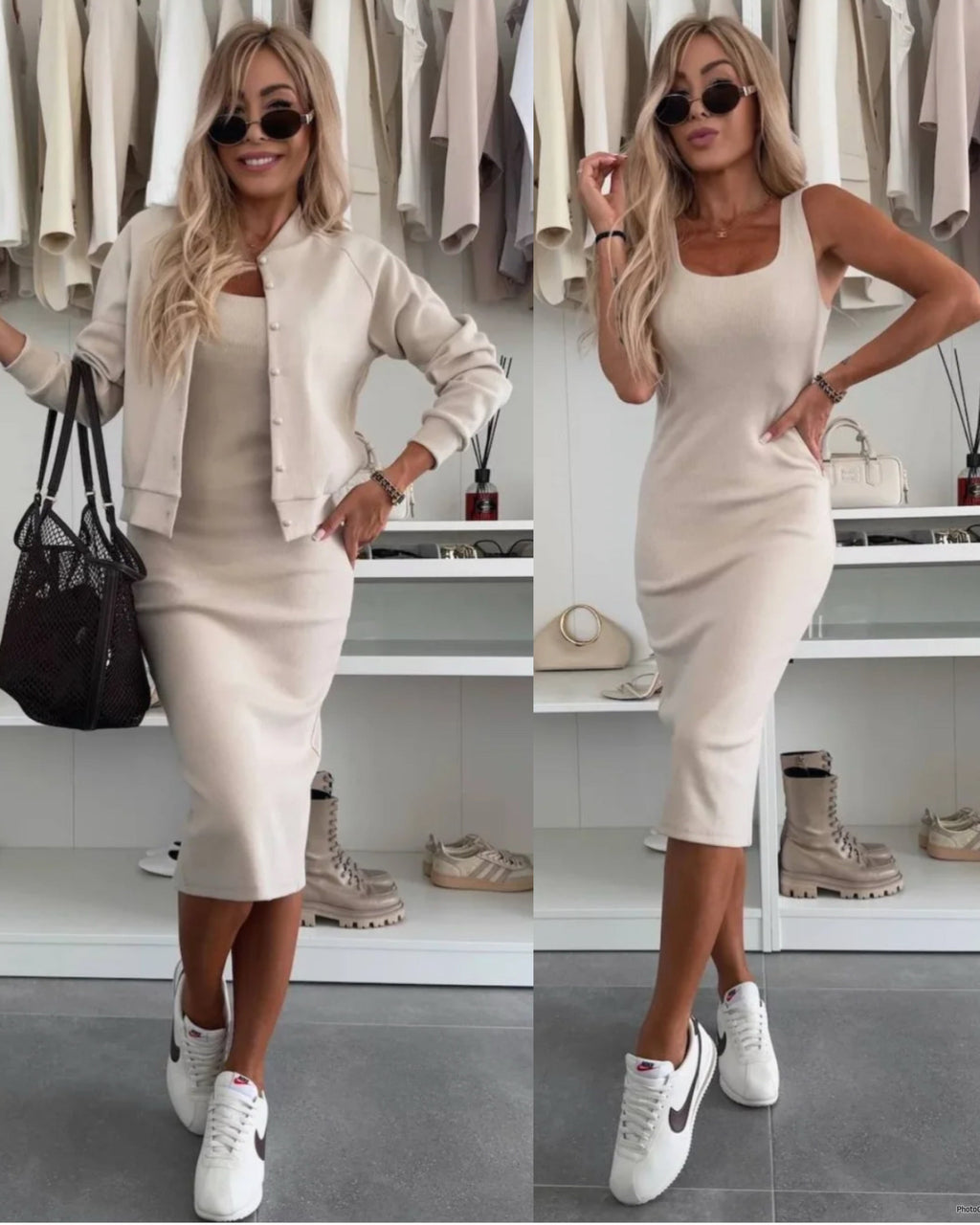 Karin™ | Vestido midi acanalado + Chaqueta bomber