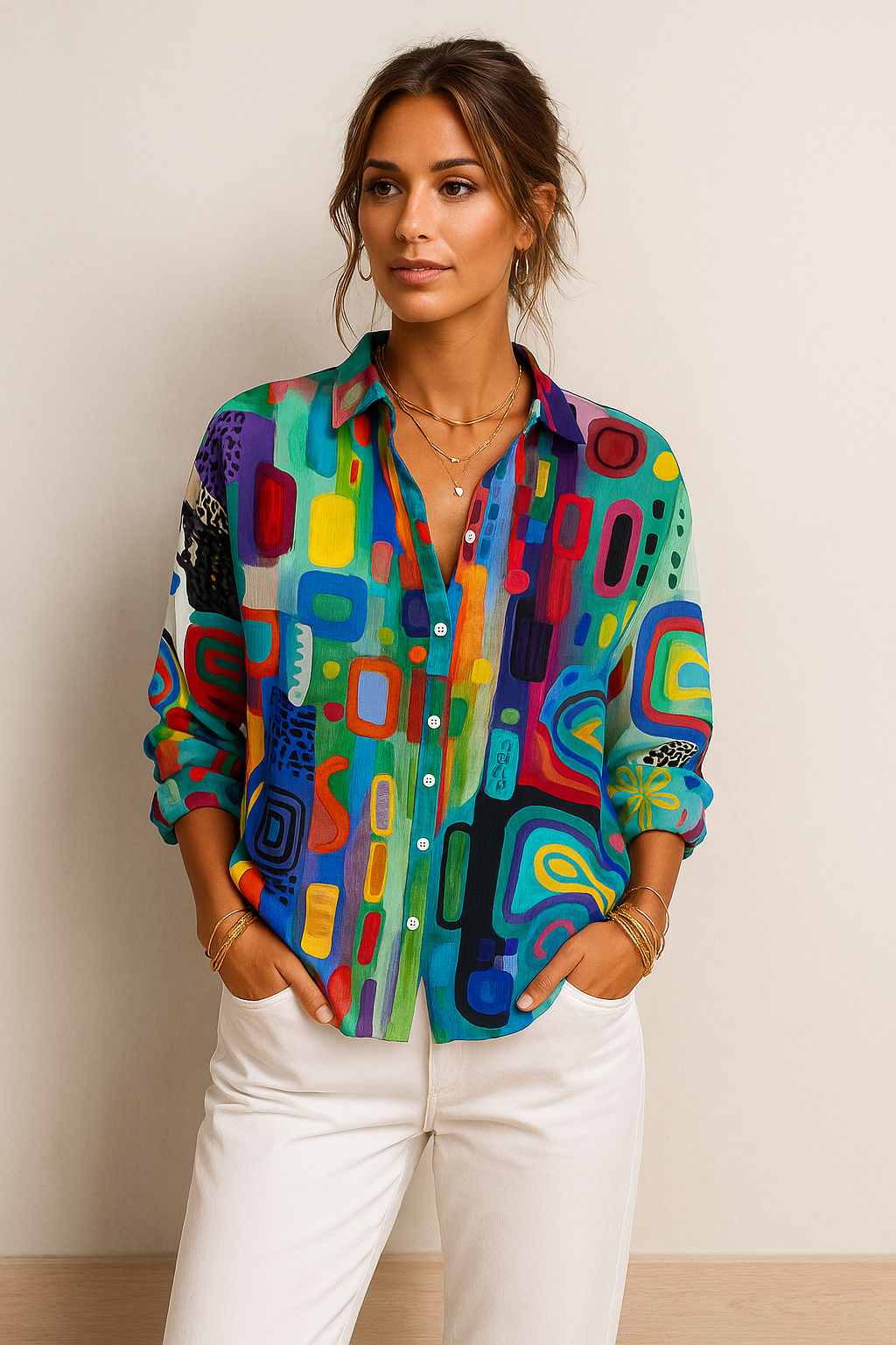 Lina - Camisa de mujer con estampado artístico y corte relajado.