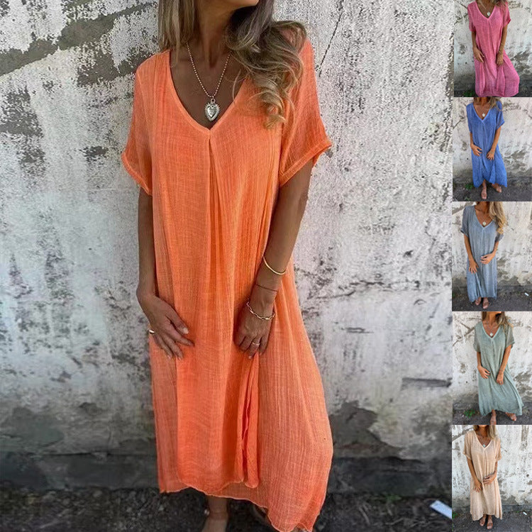 Naia™ - Vestido vaporoso de algodón y lino con cuello en V