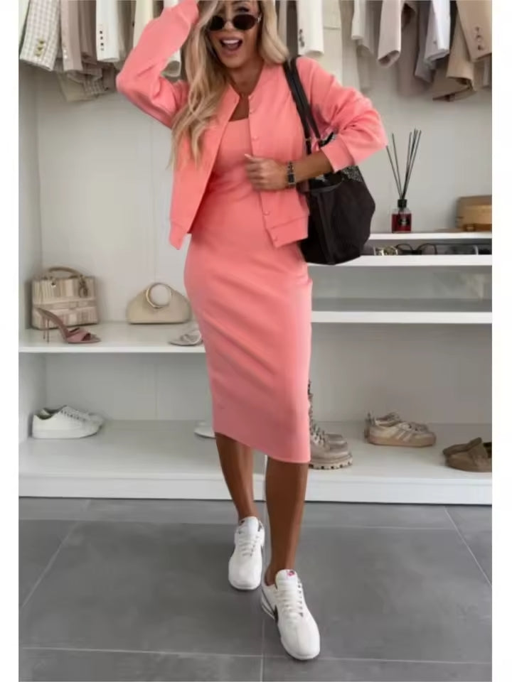 Karin™ | Vestido midi acanalado + Chaqueta bomber